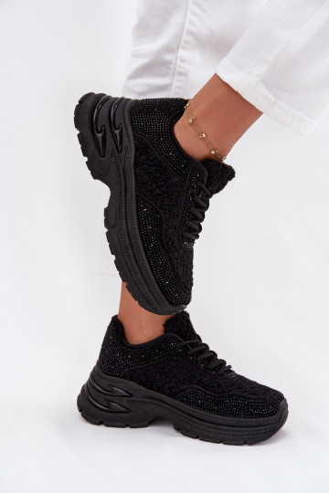 Damen Sneakers mit glitzernden Ösen und Lammfell schwarz Zarika