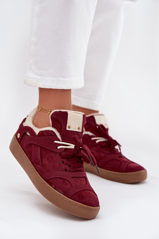 Sneakers Stilvollllschuhe Feminin mit einer Plattform sich Zuarm laufen mit Fell innen Burgund Solvia