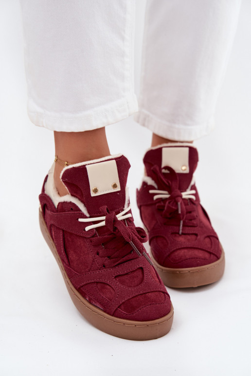 Sneakers Stilvollllschuhe Feminin mit einer Plattform sich Zuarm laufen mit Fell innen Burgund Solvia