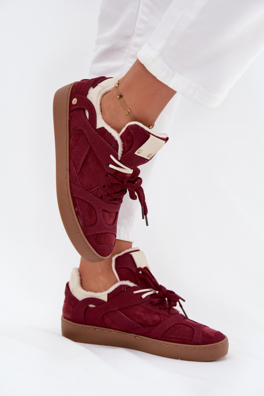Sneakers Stilvollllschuhe Feminin mit einer Plattform sich Zuarm laufen mit Fell innen Burgund Solvia
