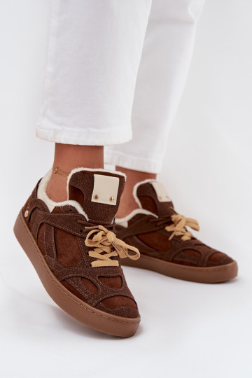 Sneakers Stilvollllschuhe Feminin mit einer Plattform sich Zuarm laufen mit Fell innen braune Farbe Solvia