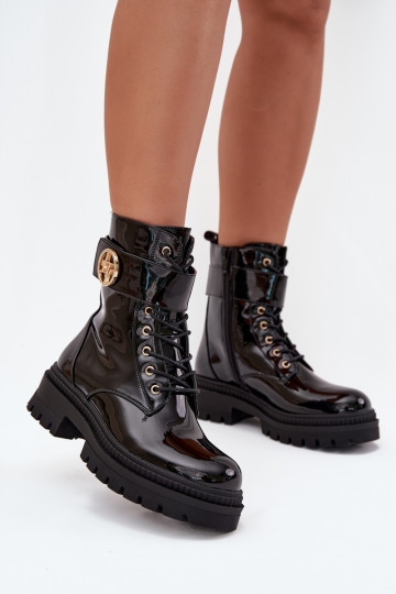 mit Lackeffekt Arbeitsstiefeletten Feminin Ze goldene Farbem Detalem sich Zuarm laufen schZuarze Farbe Fiorena