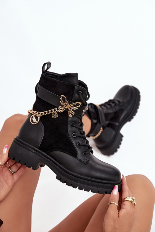 Arbeitsstiefeletten Feminin sich Zuarm laufen Ze goldene Farbem Mit Kette I ZaZuieszkami schZuarze Farbe Ravine