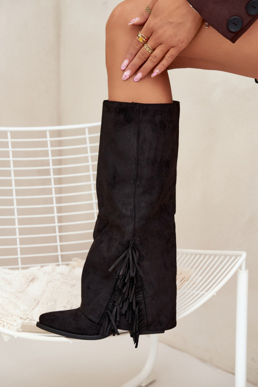 Schlüpf-Damen Cowboy-Stiefel mit Fransen und Absatz, schwarz Zalia