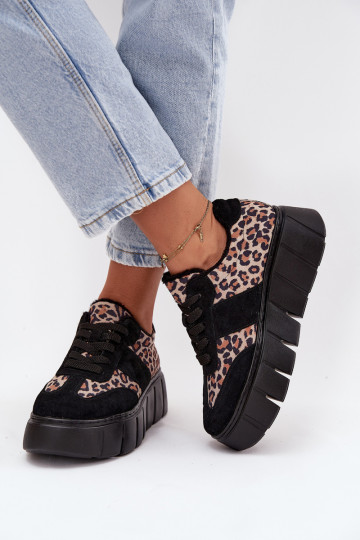 Schwarze gefütterte Wildleder-Damen-Sneaker mit Plateausohle und Leopardenmuster-Details Vinceza 66841
