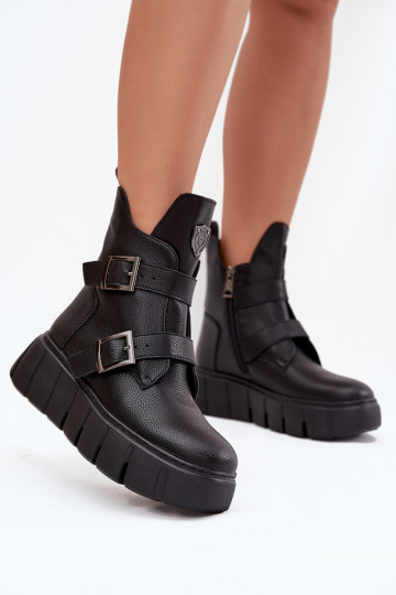 Schwarze gefütterte Leder-Damenstiefeletten mit Plateausohle und Schnallen Vinceza 66842 2