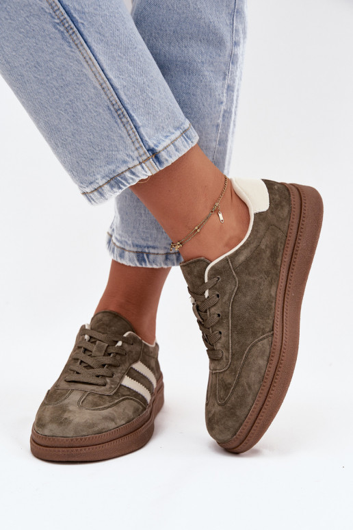 Sneakers Stilvollllschuhe Feminin aus INildleder mit einer Plattform Khaki-Farbe-Farbe Sylviona