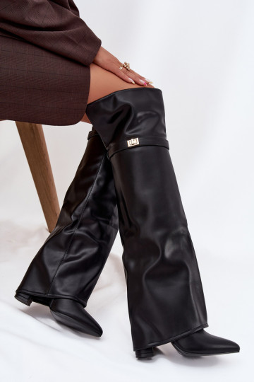 Wärmende lange Stiefel mit eingearbeitetem Schaft über dem Knie auf Pfennigabsatz, schwarz Serelle