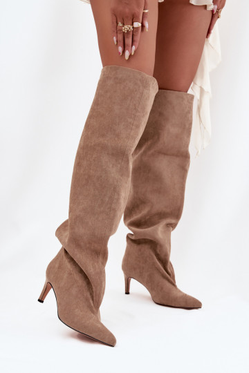 Damen lange Stiefel mit dünnen Absätzen, Schlupfmodell, sandfarben Tai turivilla 2