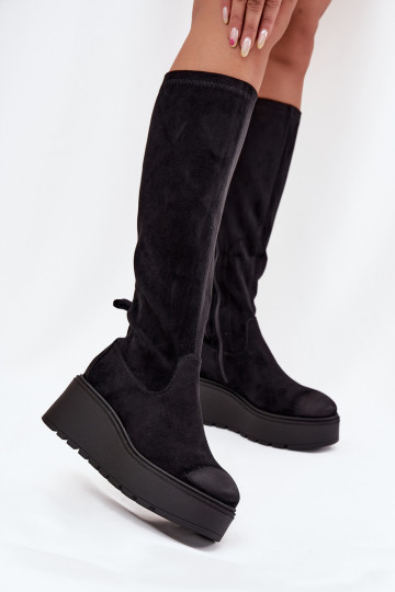 Damenstiefel bis zum Knie mit Plateau und Keil, schwarze Farbe, Vinceza 58342 2