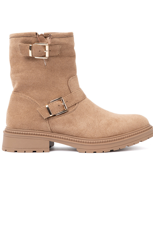 Karamellfarbe Schuhe z ozdobnymi goldenmi klamrami