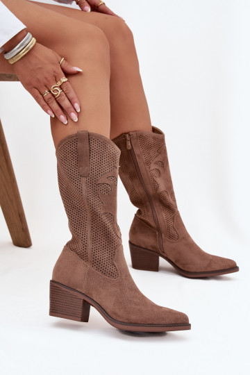 mit durchbrochenen Elementen Stiefel CoZuboy-Stil Feminin mit Absätzen Beige Olivette