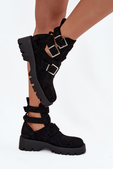 Damenstiefel mit Streifen I Silberfarbemi mit Schnallenmi schZuarze Farbe Helisse