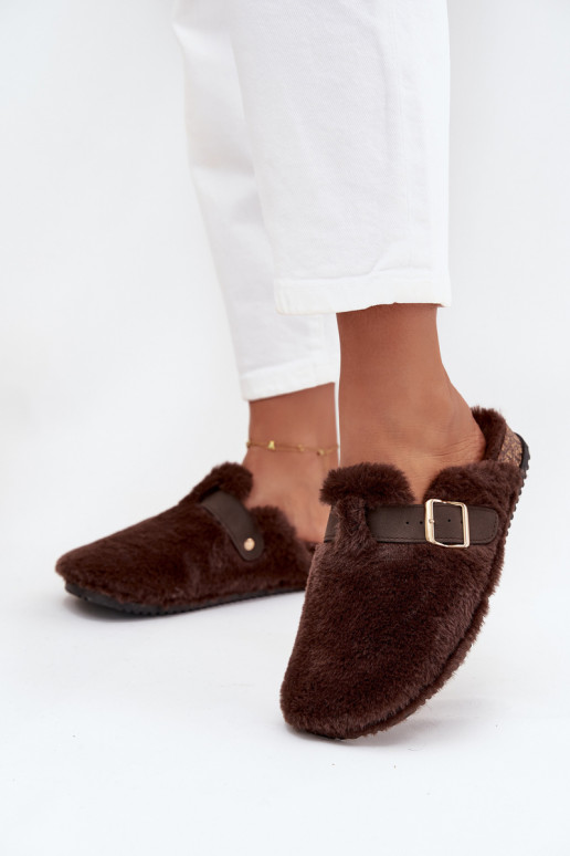 mit Pelzmantel Damenhausschuhe mit einer Plattform mit Riemen I mit Schnallen braune Farbe Noraline mit Pelzmantel Damenhausschuhe mit einer Plattform mit Riemen I mit Schnallen braune Farbe Noraline