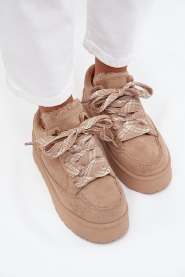 mit Schnürsenkeln Schneestiefel Feminin mit einer Plattform sich Zuarm laufen mit Fell innen Beige Tavelle