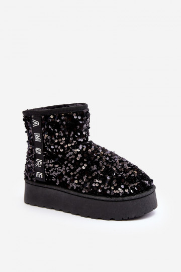 Damen schwarze Plattform Schneestiefel mit Glitzer „Silmo"