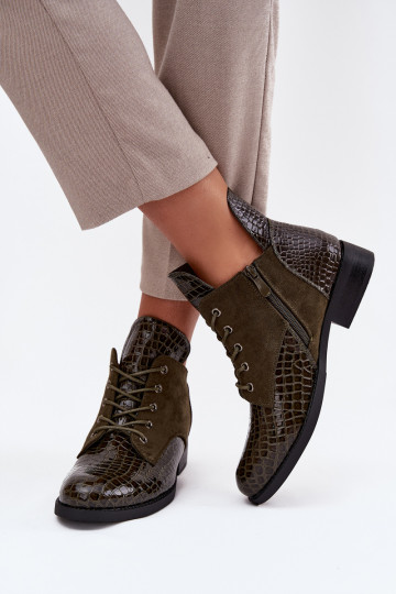 mit Lackeffekt Damenstiefel Mit Dekorationen Tłoczeniem sich Zuarm laufen Vinceza 16477 Khaki-Farbe-Farbe