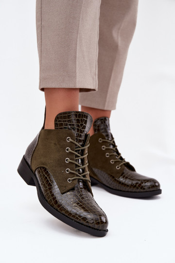 mit Lackeffekt Damenstiefel Mit Dekorationen Tłoczeniem sich Zuarm laufen Vinceza 16477 Khaki-Farbe-Farbe 2