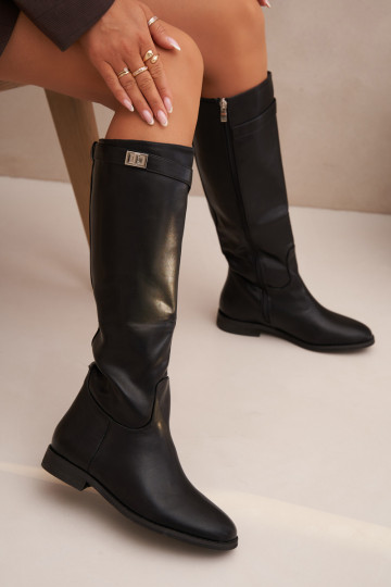 sich Zuarm laufen Damenstiefel mit breiten Absätzen mit Riemen I Silberfarbem Detalem schZuarze Farbe Geraline