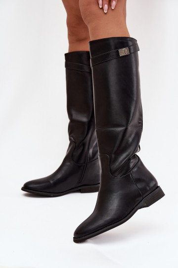 sich Zuarm laufen Damenstiefel mit breiten Absätzen mit Riemen I Silberfarbem Detalem schZuarze Farbe Geraline 2
