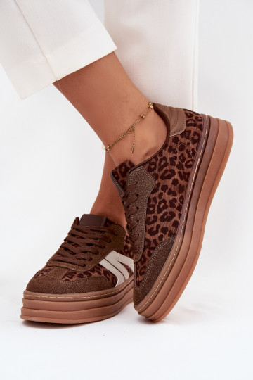 Sneakers Stilvollllschuhe Feminin mit einer Plattform mit Leopardenfellmuster braune Farbe Skye 2