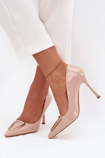 mit Lackeffekt hochhackige Schuhe Ze goldene Farbem Detalem Beige Paivelle