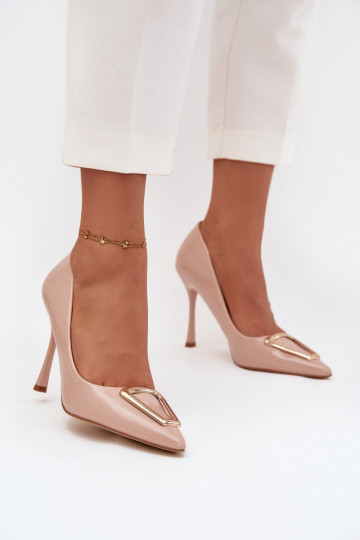 mit Lackeffekt hochhackige Schuhe Ze goldene Farbem Detalem Beige Paivelle 2