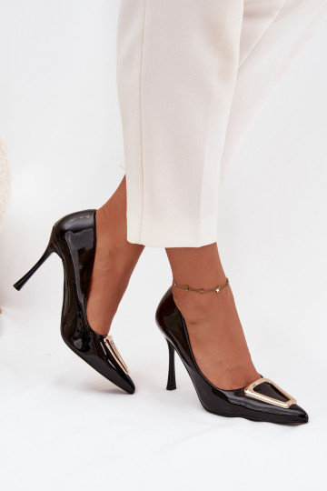 mit Lackeffekt hochhackige Schuhe Ze goldene Farbem Detalem schZuarze Farbe Paivelle