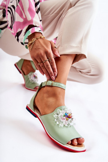 Grüne Leder-Sandalen für Damen mit Ornamenten Nevassa
