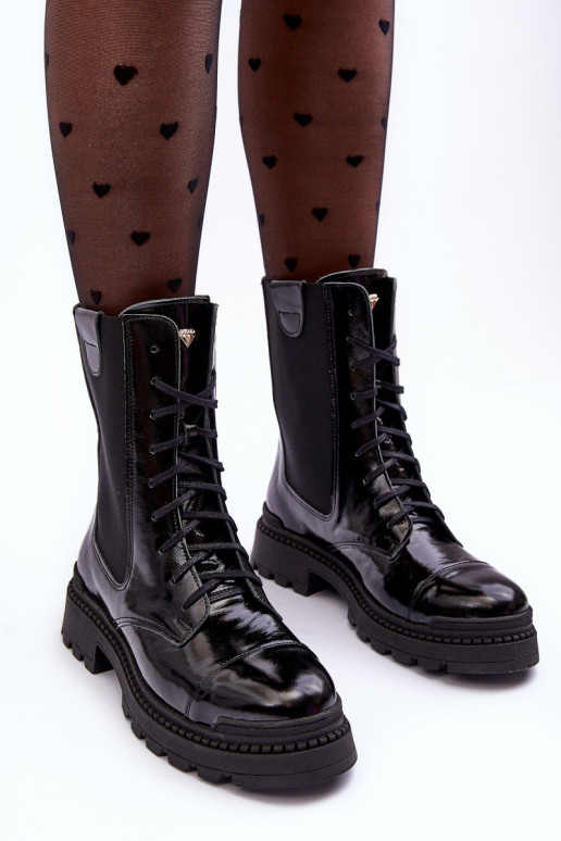 Haut Feminin Arbeitsstiefeletten mit Schnürsenkeln schZuarze Farbe Nicole 2836