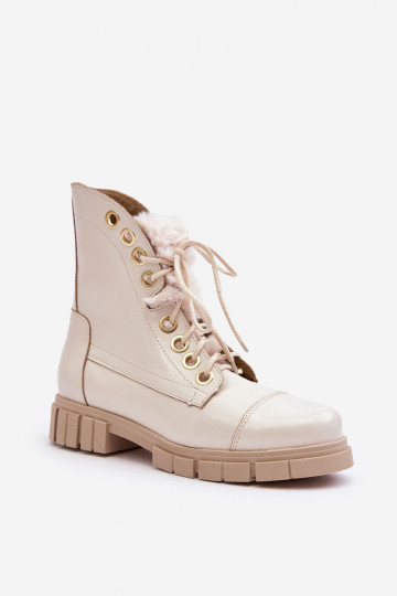 Damen Leder Stiefel mit Fell in Elfenbeinfarbe LeĮskis 3296 2