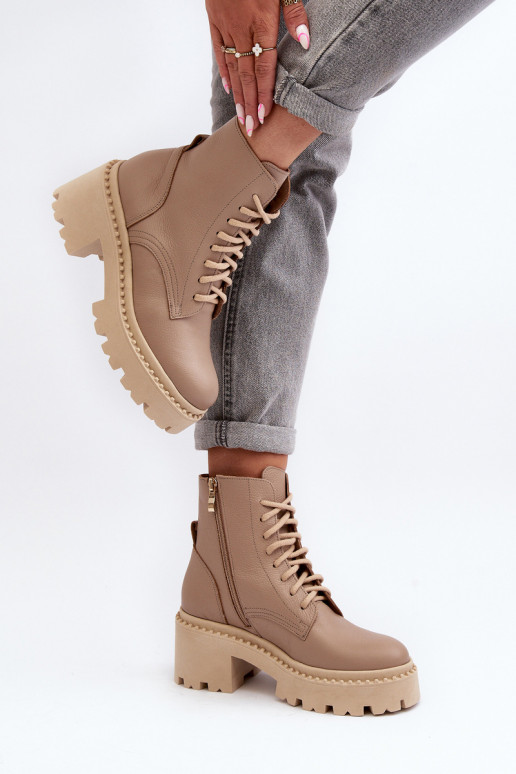 Zazoo 3413 Damenstiefel hohe Reitstiefel Auf massiven Absätzen Beige