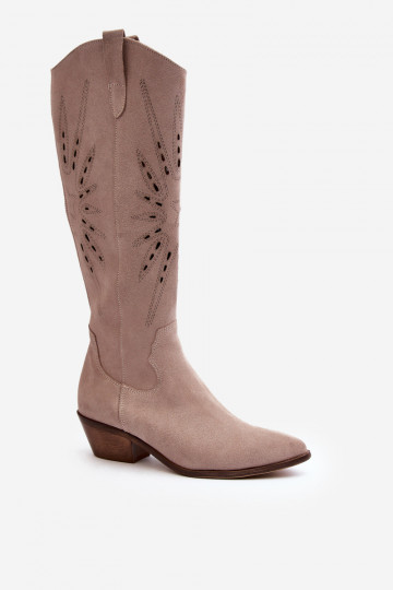 Zazoo 2909 Wildleder-Stiefel mit Lochmuster und niedriger Ferse in Sand 2