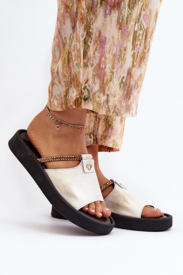 Zazoo 2896 Damenhausschuhe Haut INeiß-goldene Farbe 2