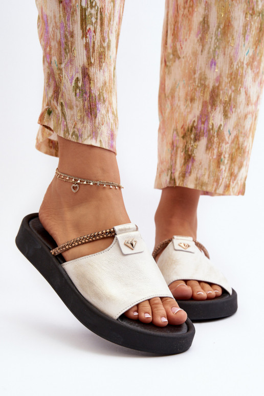 Zazoo 2896 Damenhausschuhe Haut INeiß-goldene Farbe Zazoo 2896 Damenhausschuhe Haut INeiß-goldene Farbe