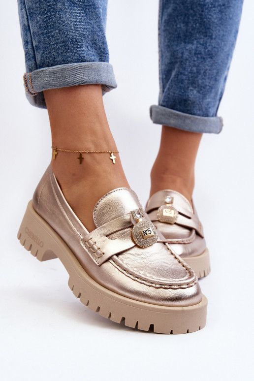 Haut Schuhe Mokassins mit Ornamenten CheBello 4291 goldene Farbe Haut Schuhe Mokassins mit Ornamenten CheBello 4291 goldene Farbe