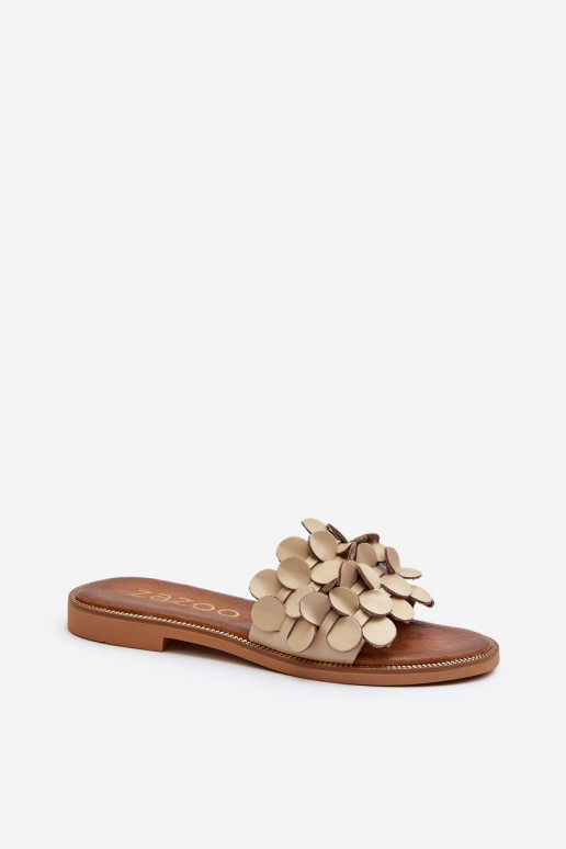 Zazoo 40381 Feminin Lederhausschuhe mit breiten Absätzen Beige Zazoo 40381 Feminin Lederhausschuhe mit breiten Absätzen Beige