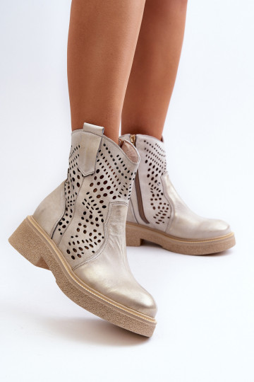 Zazoo 3470 Haut Damenstiefel mit breiten Absätzen mit durchbrochenen Elementen goldene Farbe Aufgeräumt 2