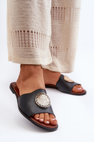 Zazoo 2938 Leder Pantoletten mit breiten Absätzen und Ornamenten in schwarz