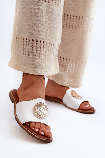 Zazoo 2938 Leder Pantoletten mit breiten Absätzen und Ornamenten in weiß