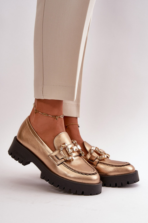 Feminin Haut Mokassins mit Ornamenten CheBello 4369 goldene Farbe