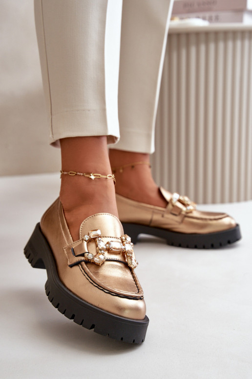 Feminin Haut Mokassins mit Ornamenten CheBello 4369 goldene Farbe