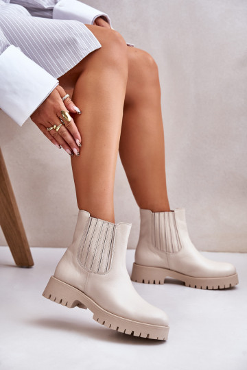 Slipper Damen Ankle Boots mit breiten Absätzen aus Leder elfenbeinfarben LeĮskis 3611