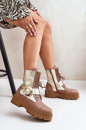 Zazoo 2942 Haut Arbeitsstiefeletten mit goldenen Schnallen Beige