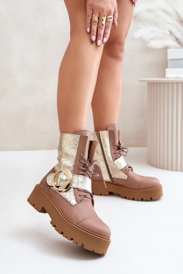 Zazoo 2942 Haut Arbeitsstiefeletten mit goldenen Schnallen Beige 2
