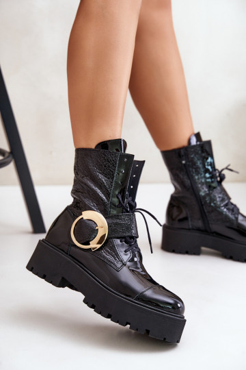 Zazoo 2942 Haut Arbeitsstiefeletten mit goldenen Schnallen schZuarze Farbe