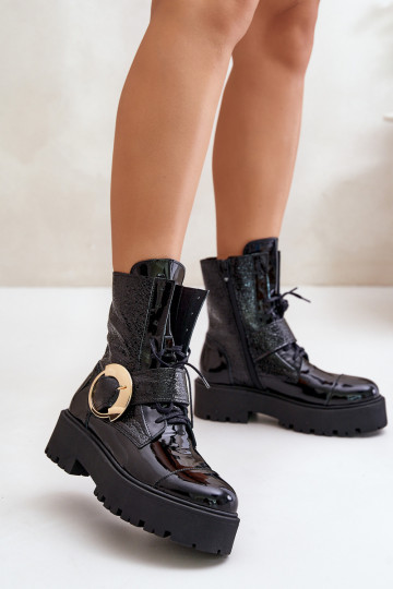 Leder Arbeitsstiefel mit goldfarbenen Schnallen schwarz Zazoo 2942 2