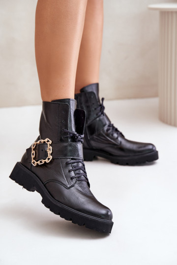 Zazoo 2951 mit Lackeffekt Stiefel dekorieren mit Schnallen schZuarze Farbe 2