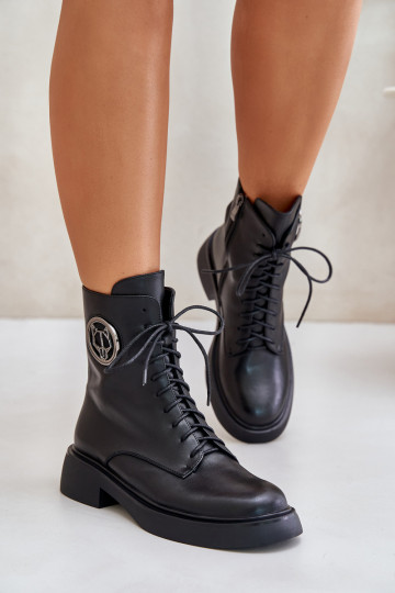 Warme Leder Schnürstiefeletten mit Reißverschluss und Ornamenten Lorevine schwarz 2