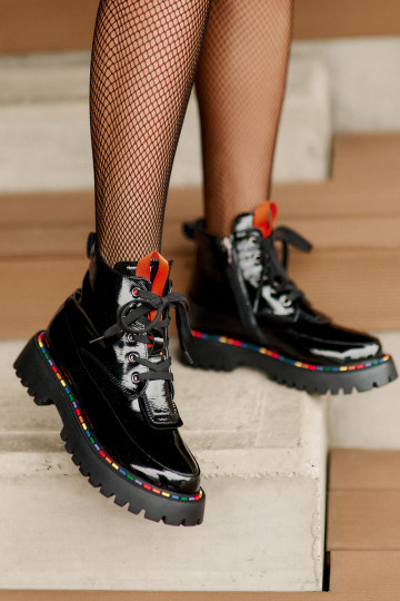 Haut mit Lackeffekt Arbeitsstiefeletten Zum Schloss schZuarze Farbe Anafra